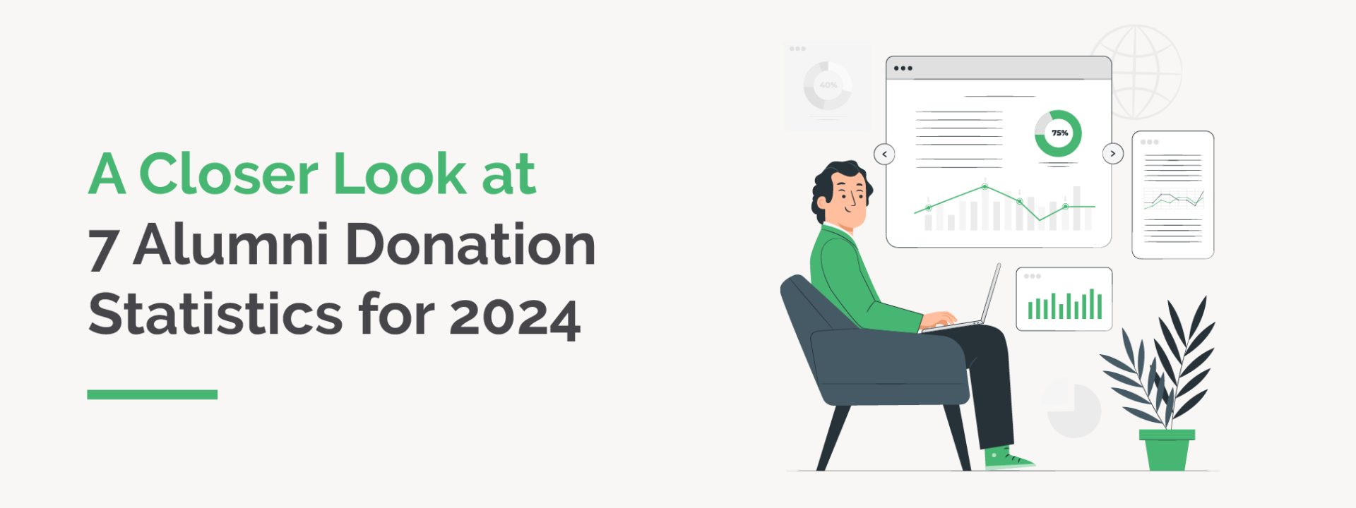 A man viewing statistics with the title of this article overlaid, "A Closer Look at Key Alumni Donation Statistics for 2024"