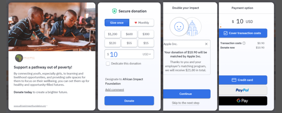 Using its donation software, the African Impact Foundation created this multi-page donation form.