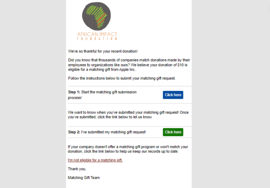 After donating, supporters receive a follow-up email triggered by the African Impact Foundation's fundraising software.