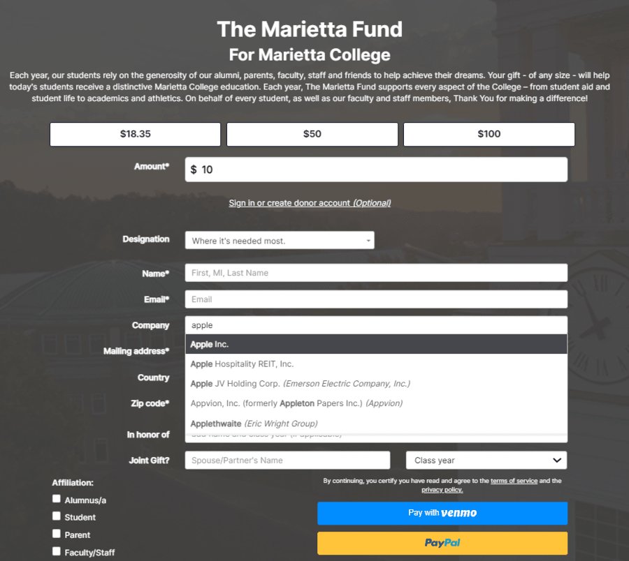 Here's a sample donation page that Marietta College created with its fundraising software.