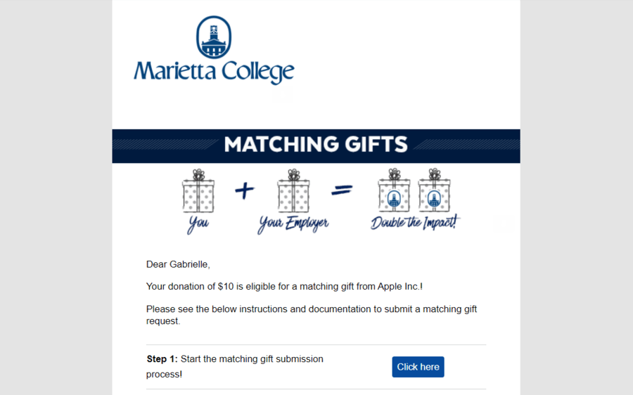 Within its fundraising platform, Marietta College created follow-up emails to send to donors.