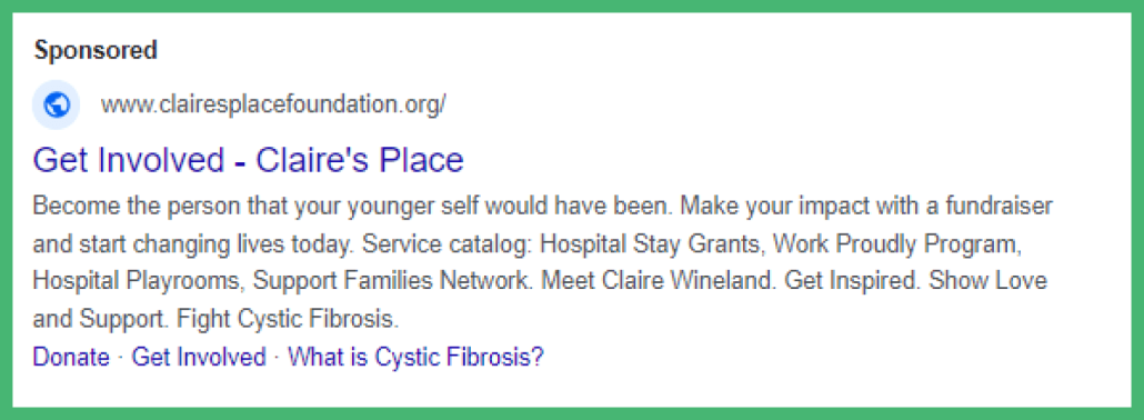 A Google Ad that promotes involvement opportunities for Claire's Place Foundation