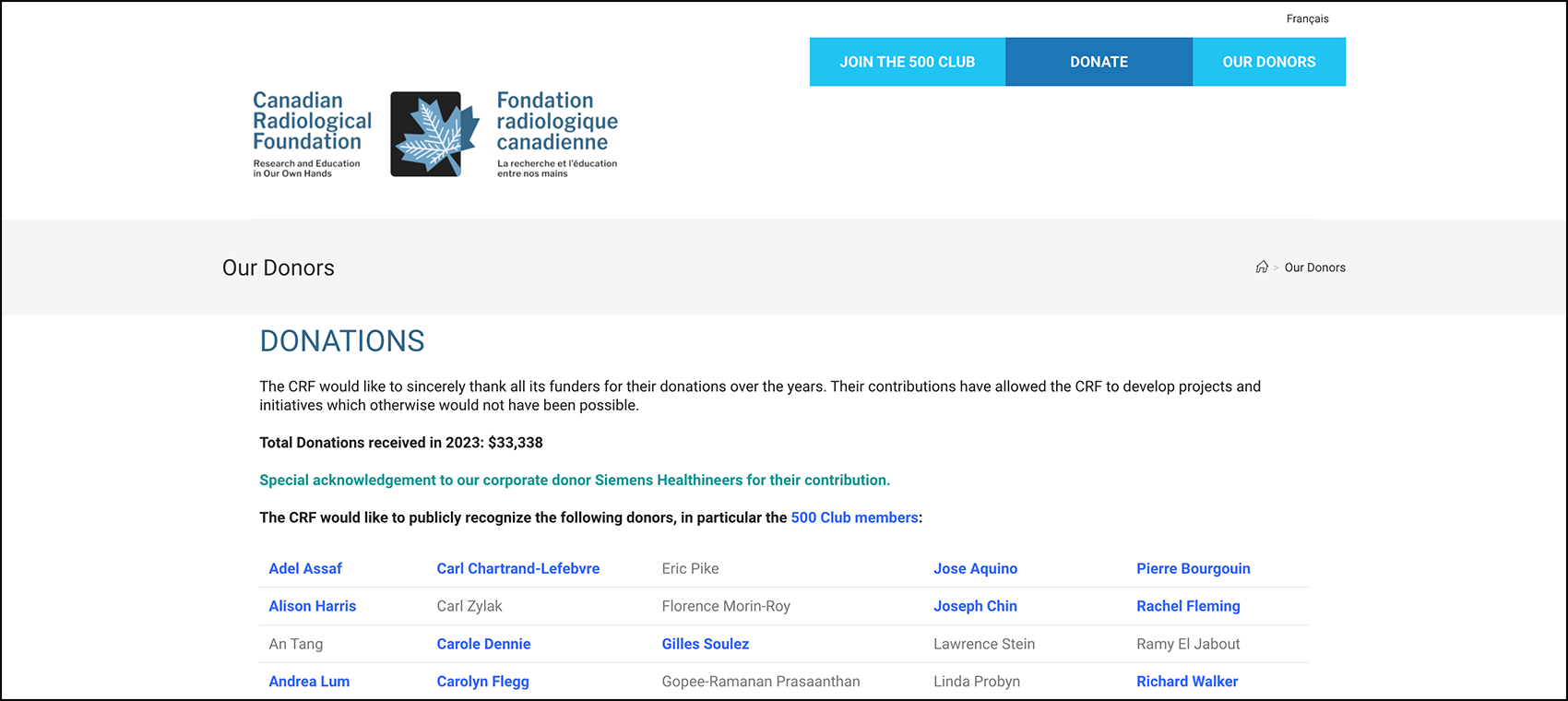 A screenshot of the Canadian Radiological Foundation's donor appreciation page.