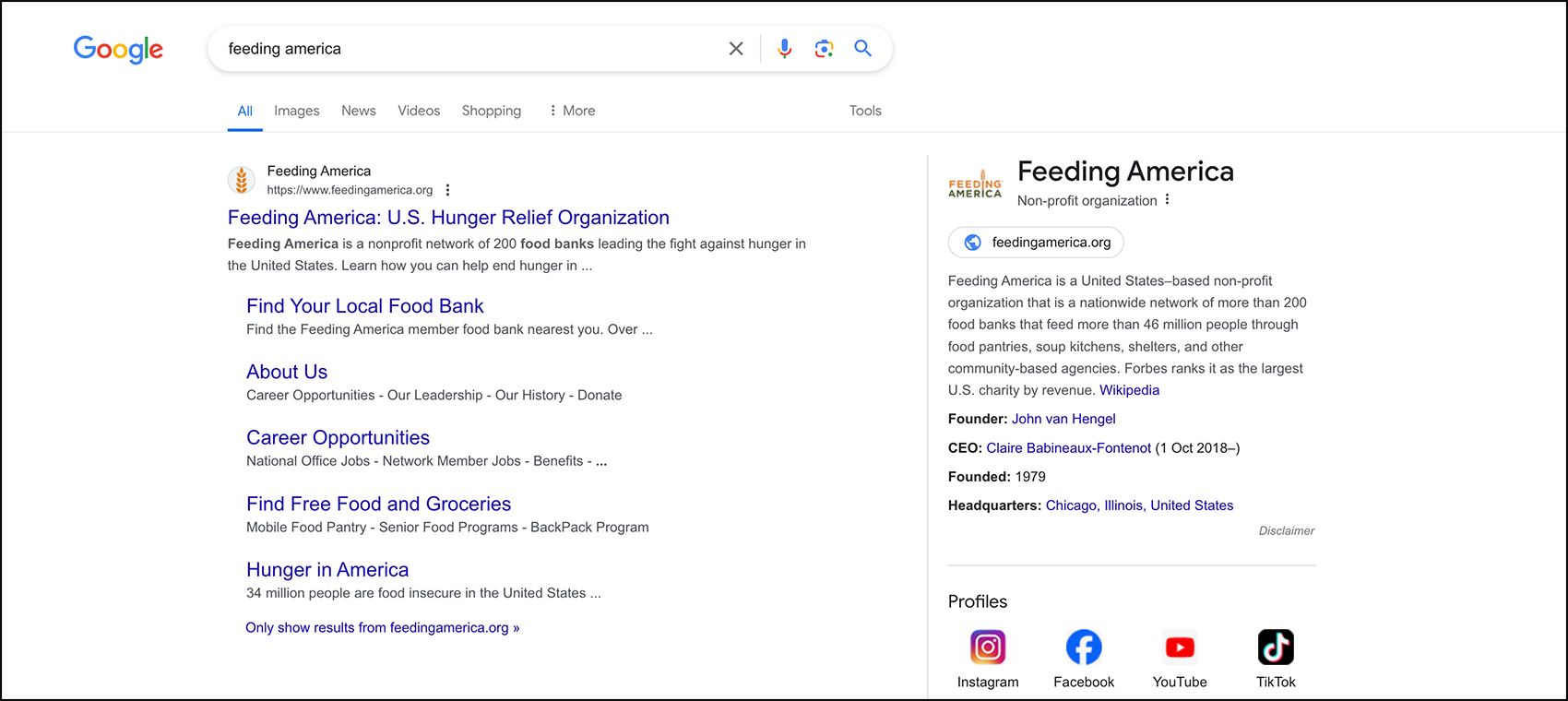 A screenshot of Feeding America's Google Ad.