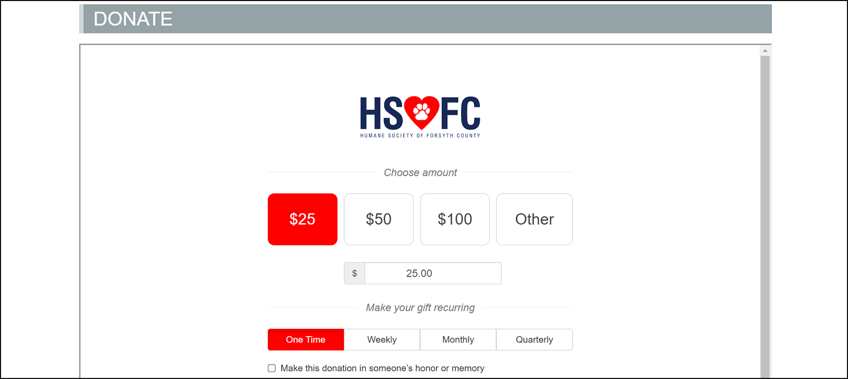 A screenshot of the Humane Society of Forsyth County's donation page.