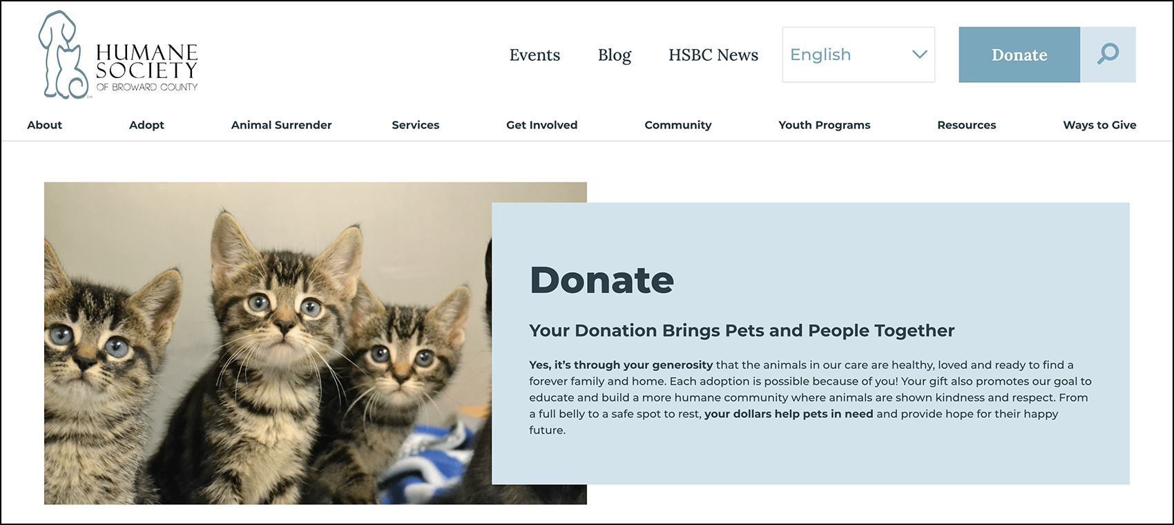 A screenshot of the Humane Society of Broward's donation page.