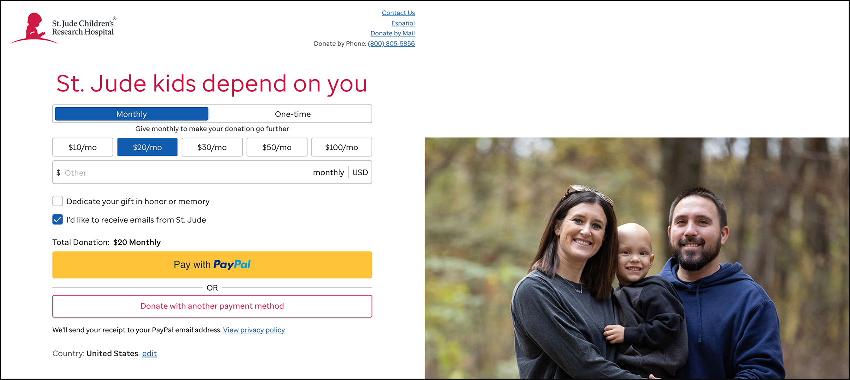 A screenshot of St. Jude's donation page.