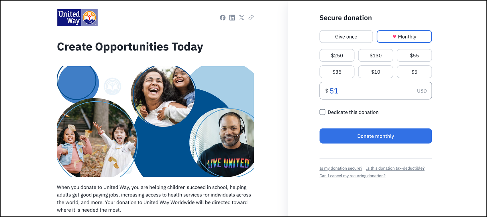A screenshot of United Way's donation page.