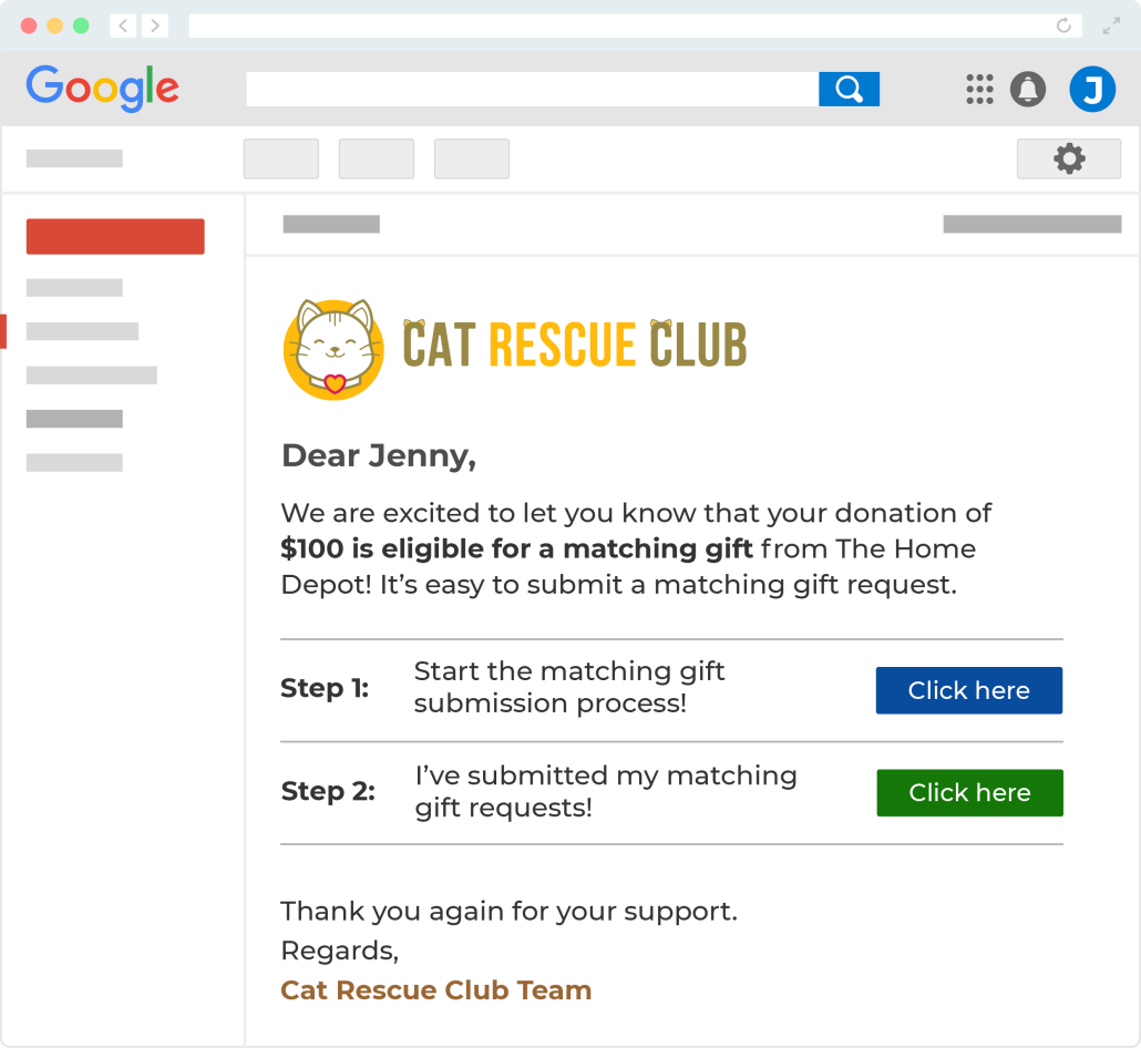 Double the Donation automated matching gift email to a donor eligible for matching through their employer.