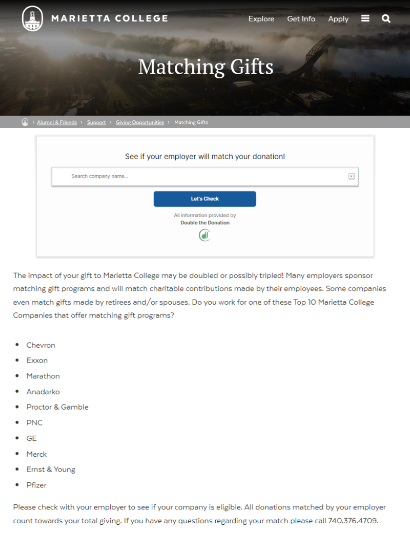 Marietta College matching gift page