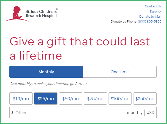 Screenshot of St. Jude’s donation form with monthly giving button (explained below).